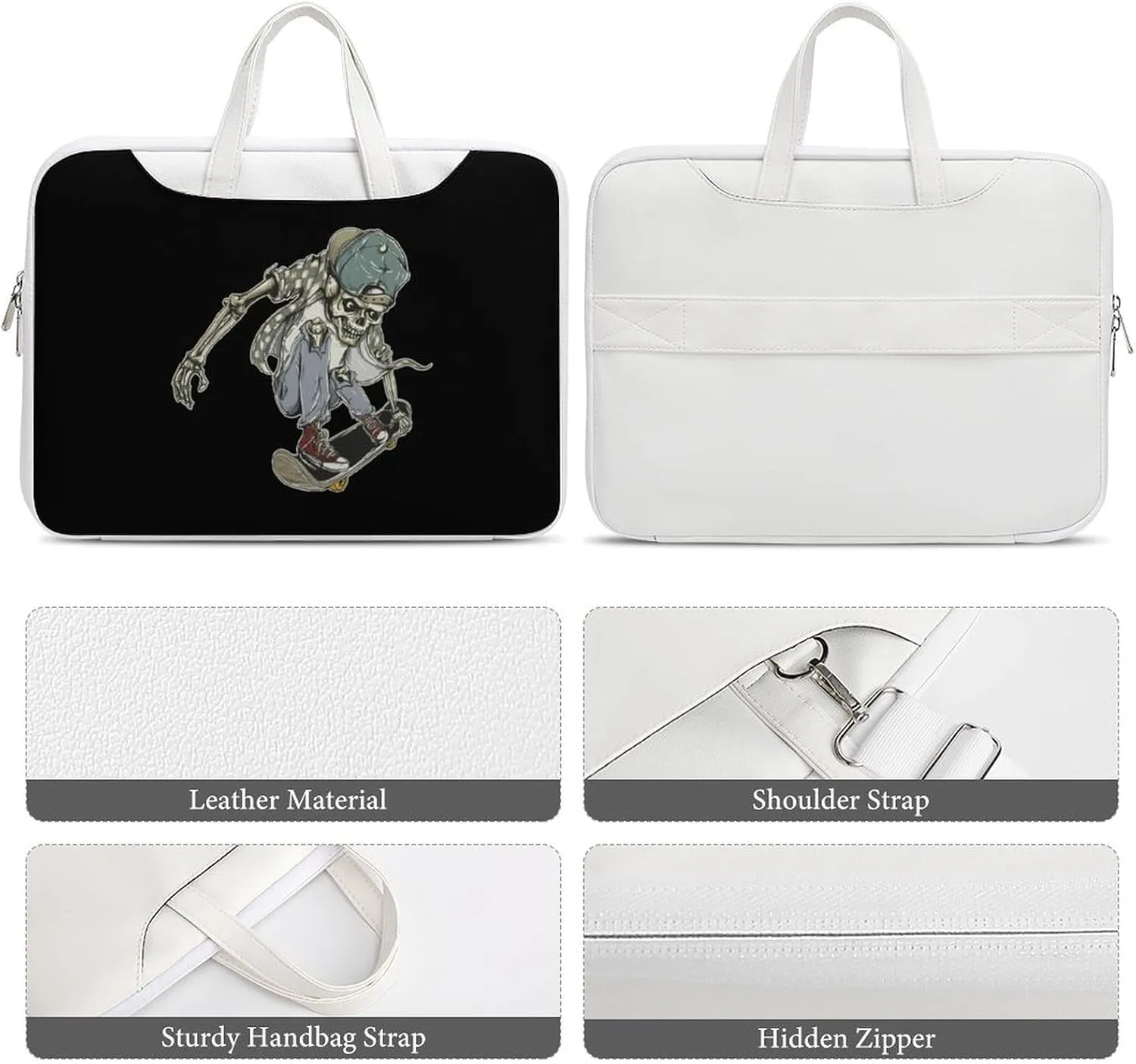 Skull Skateboard Leather Bag Laptop Case Slim Water Resistant Computer Bags with Handle Briefcase for Work