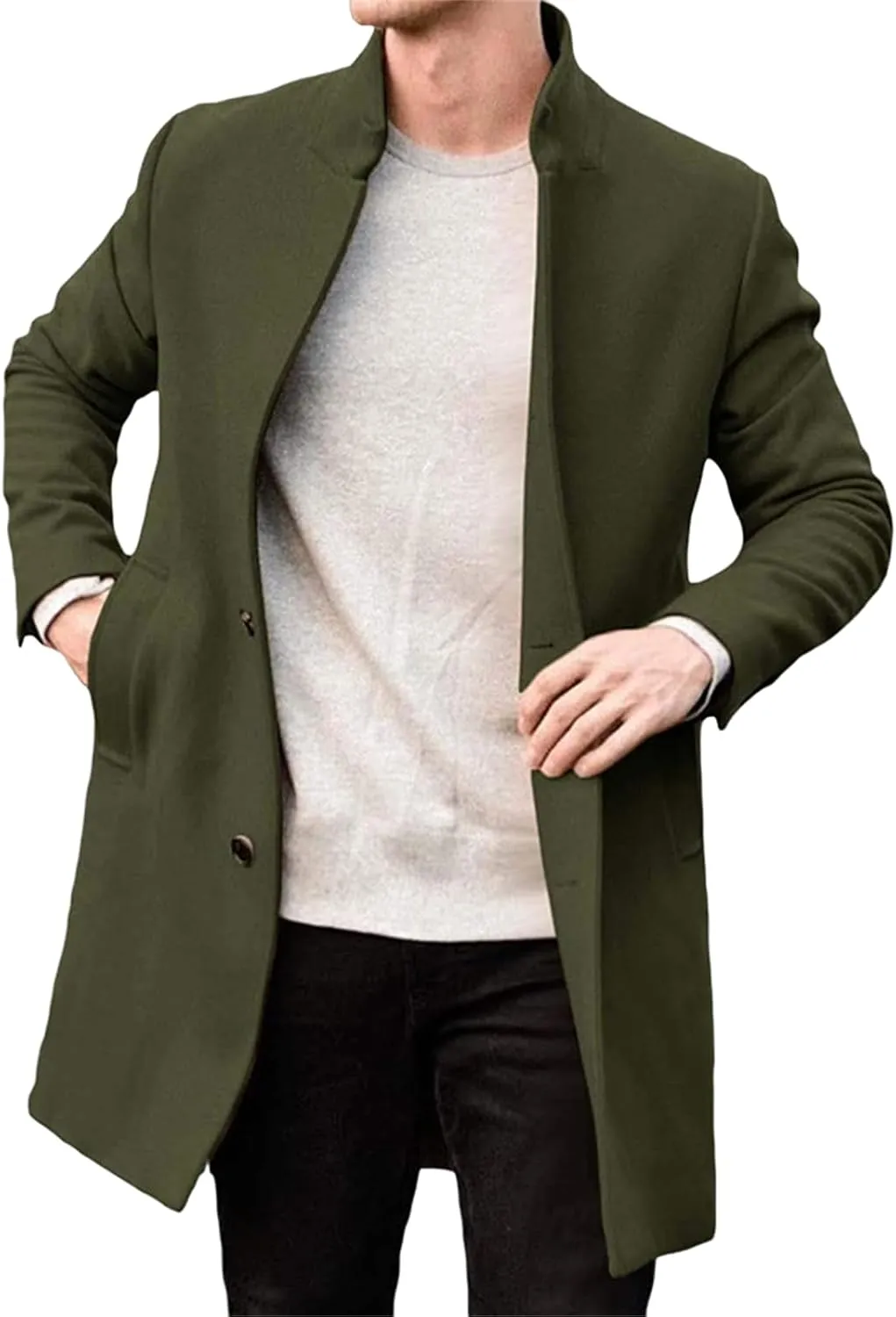 Smoneyful Wool Coat for Men Winter Lapel Long Pea Coat Slim Fit Warm Trench Coat Button Down Solid Long Jacket with Pocket