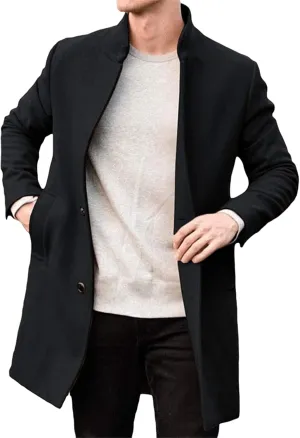 Smoneyful Wool Coat for Men Winter Lapel Long Pea Coat Slim Fit Warm Trench Coat Button Down Solid Long Jacket with Pocket