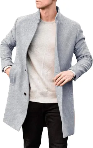 Smoneyful Wool Coat for Men Winter Lapel Long Pea Coat Slim Fit Warm Trench Coat Button Down Solid Long Jacket with Pocket