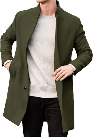 Smoneyful Wool Coat for Men Winter Lapel Long Pea Coat Slim Fit Warm Trench Coat Button Down Solid Long Jacket with Pocket