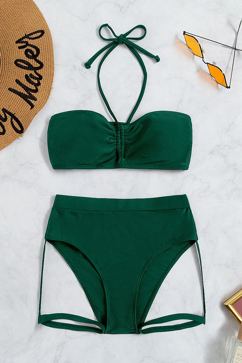 Solid Color Halter Collar Stylish High Waist Bikini