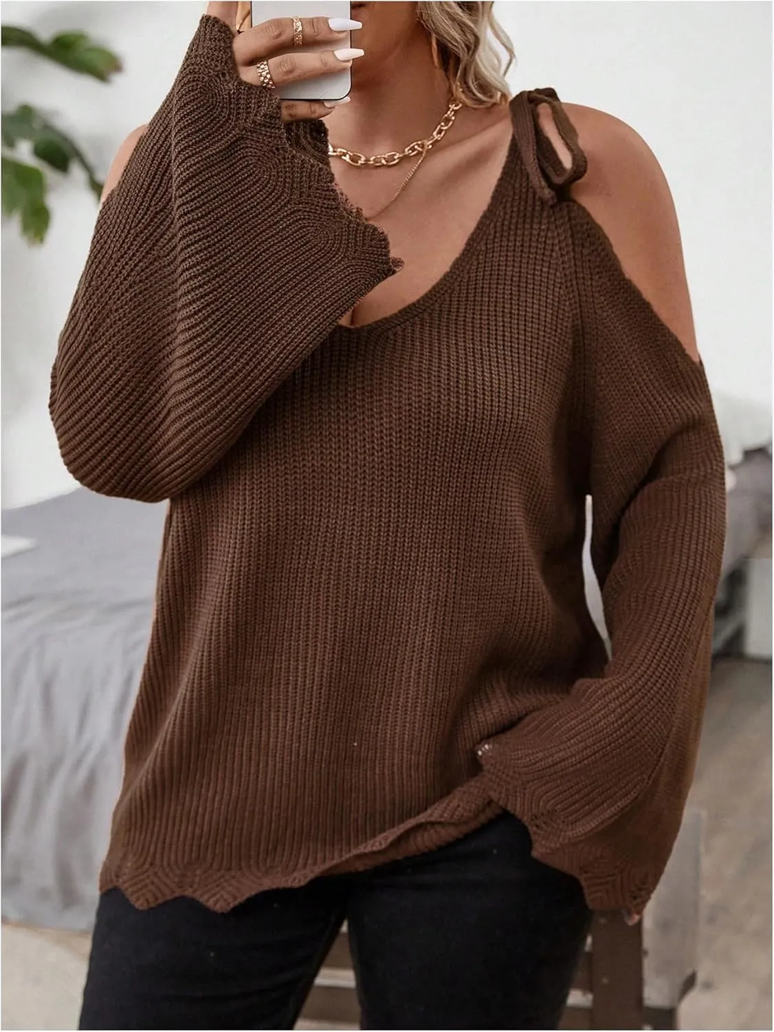 SOLY HUX Women's Plus Size Sweaters Tie Cold Shoulder V Neck Long Sleeve Scallop Trim Knit Pullover Tops