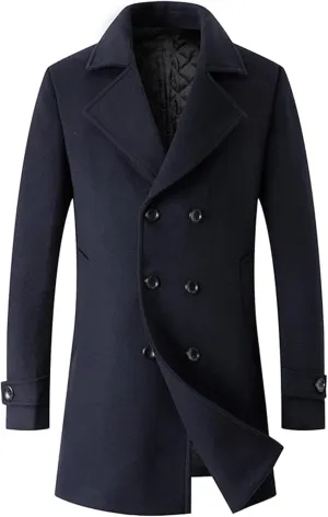 SOMTHRON Men's Woolen Trench Coat Regular Fit Double Breasted Wool Blend Jacket Winter Pea Coat Businesss Overcoat