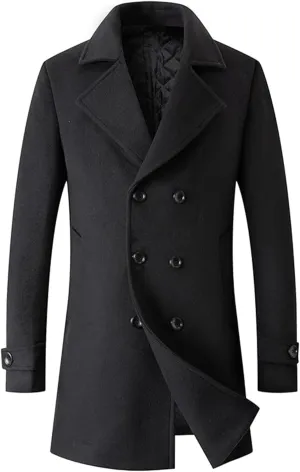 SOMTHRON Men's Woolen Trench Coat Regular Fit Double Breasted Wool Blend Jacket Winter Pea Coat Businesss Overcoat
