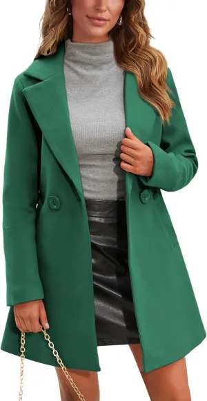 Springrain Women's Wool Pea Coat Notched Collar Double Breasted Midi Long Trench Coat Outwear