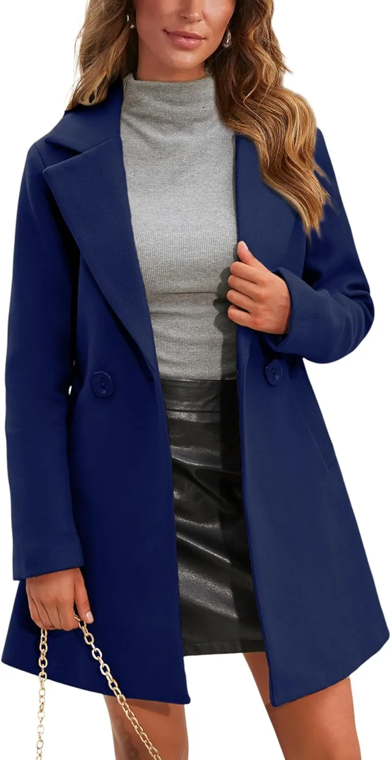 Springrain Women's Wool Pea Coat Notched Collar Double Breasted Midi Long Trench Coat Outwear