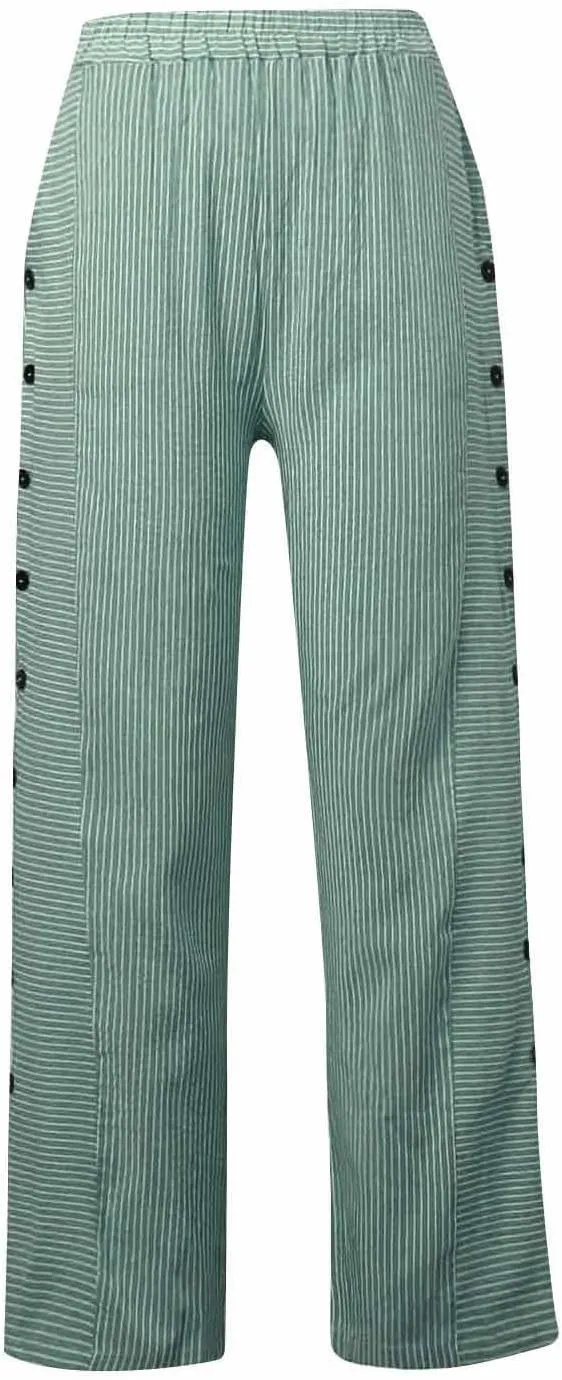 Striped Linen Pants Women Elastic Waist Casual Pants with Pockets Side Button Straight Leg Trousers Vacation Beach Pants