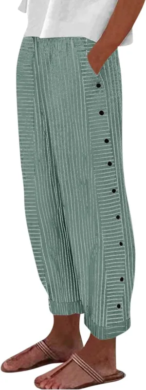 Striped Linen Pants Women Elastic Waist Casual Pants with Pockets Side Button Straight Leg Trousers Vacation Beach Pants