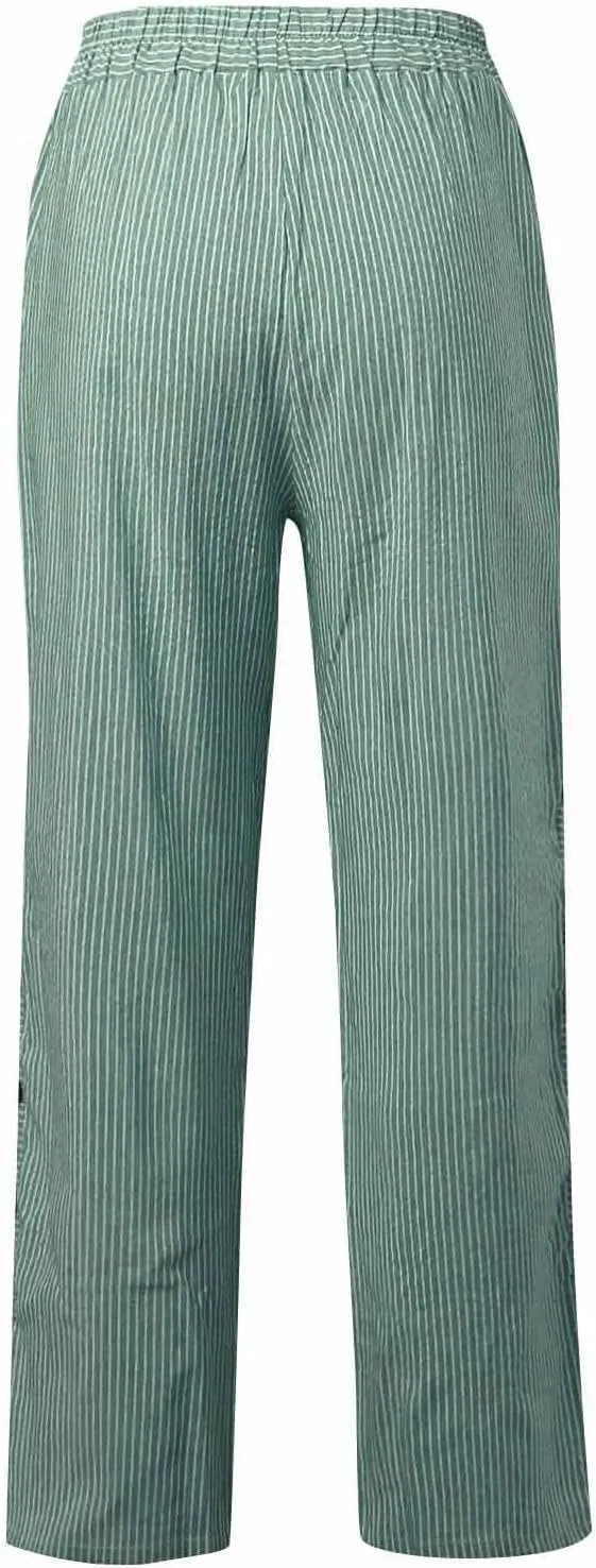 Striped Linen Pants Women Elastic Waist Casual Pants with Pockets Side Button Straight Leg Trousers Vacation Beach Pants