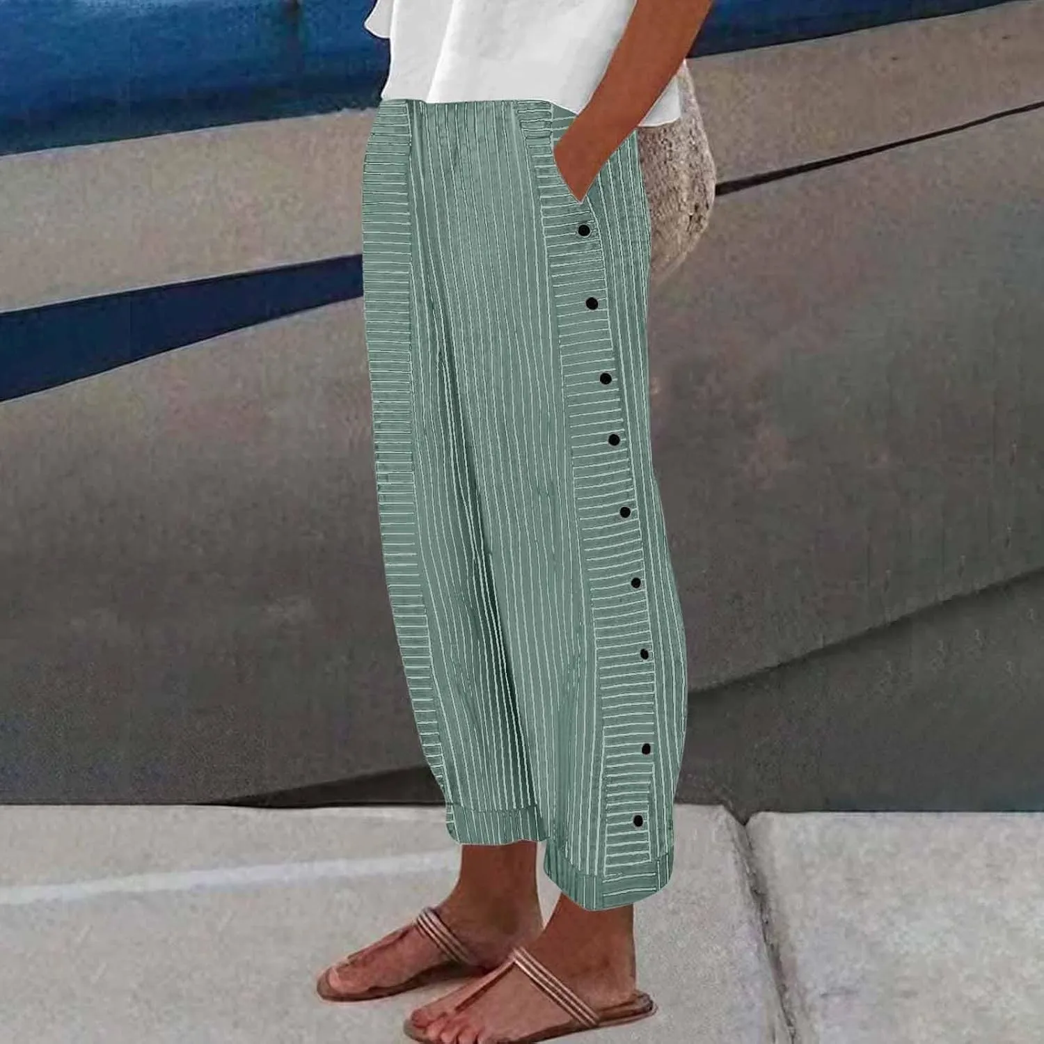 Striped Linen Pants Women Elastic Waist Casual Pants with Pockets Side Button Straight Leg Trousers Vacation Beach Pants