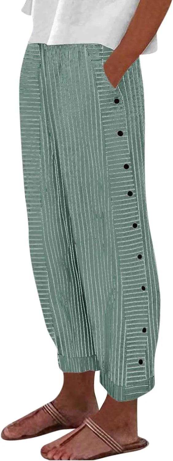 Striped Linen Pants Women Elastic Waist Casual Pants with Pockets Side Button Straight Leg Trousers Vacation Beach Pants