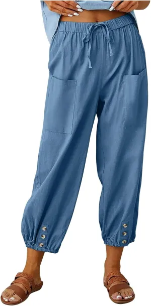 Summer Linen Pants for Women Casual Elastic Drawstring Waisted Trousers Loose Fit Lightweight Pants with Pockets