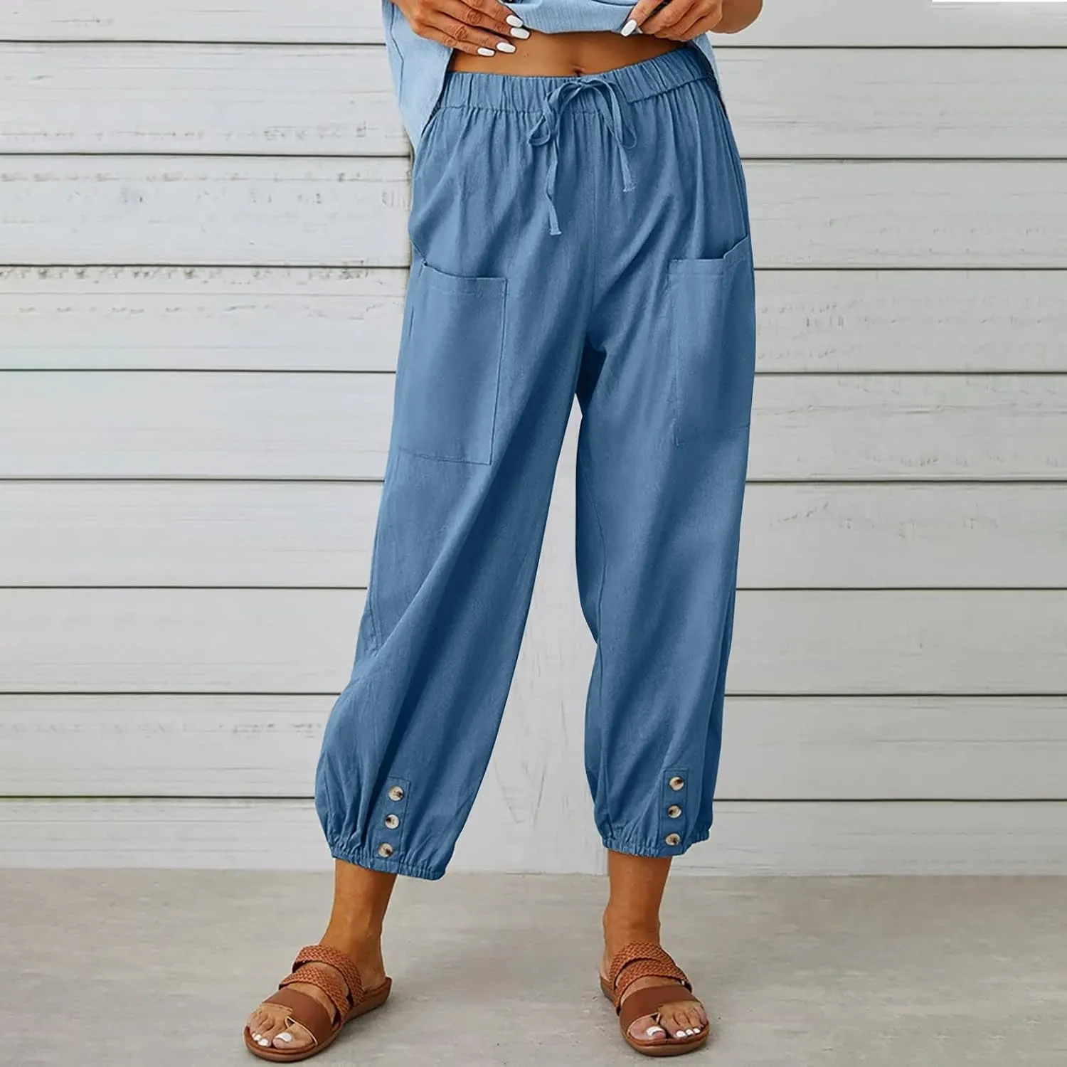 Summer Linen Pants for Women Casual Elastic Drawstring Waisted Trousers Loose Fit Lightweight Pants with Pockets