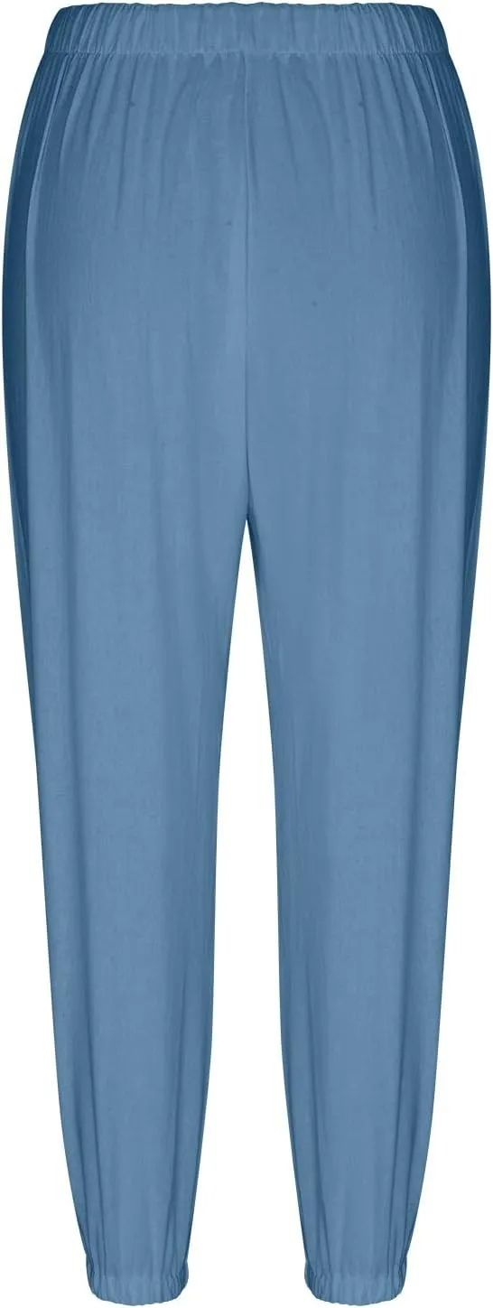 Summer Linen Pants for Women Casual Elastic Drawstring Waisted Trousers Loose Fit Lightweight Pants with Pockets