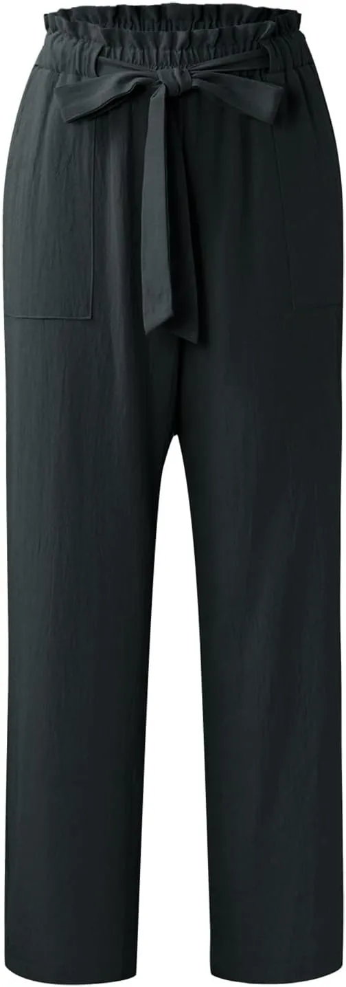 Summer Pants For Women 2024 Trendy Petite High Waist Palazzo Linen Wide Leg Sweatpant Tie Business Lounge Trouser