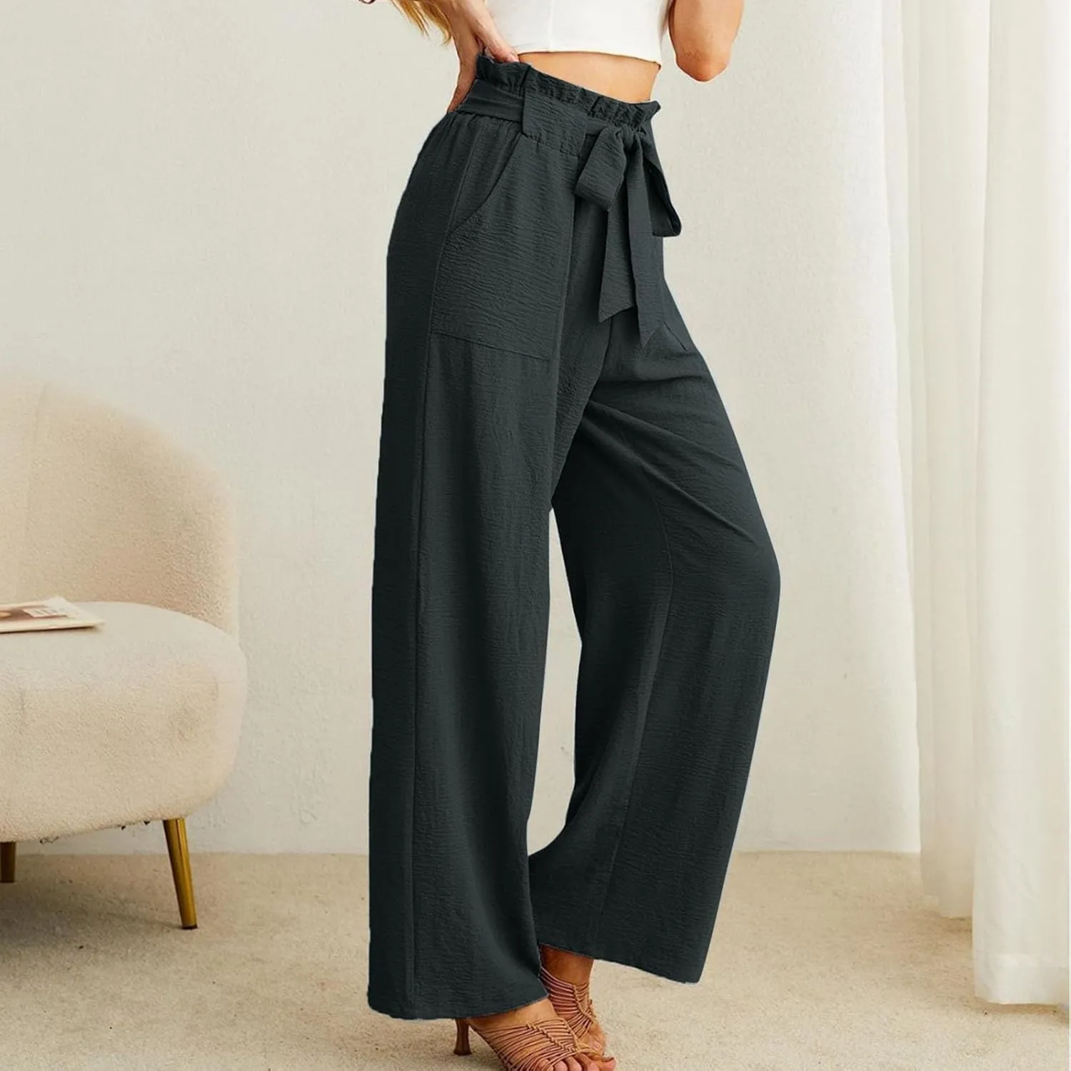 Summer Pants For Women 2024 Trendy Petite High Waist Palazzo Linen Wide Leg Sweatpant Tie Business Lounge Trouser