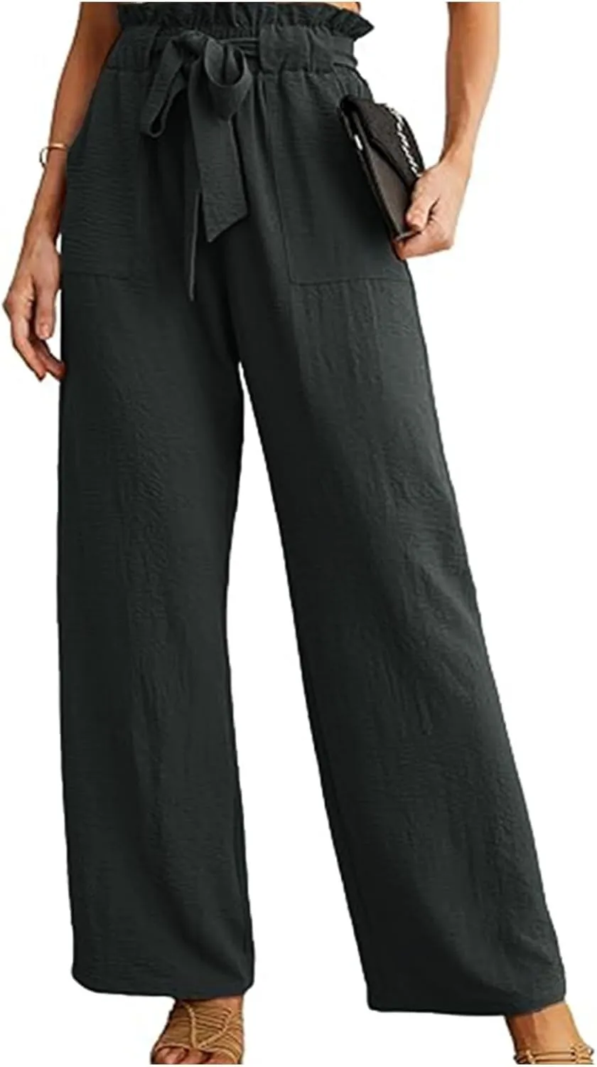 Summer Pants For Women 2024 Trendy Petite High Waist Palazzo Linen Wide Leg Sweatpant Tie Business Lounge Trouser