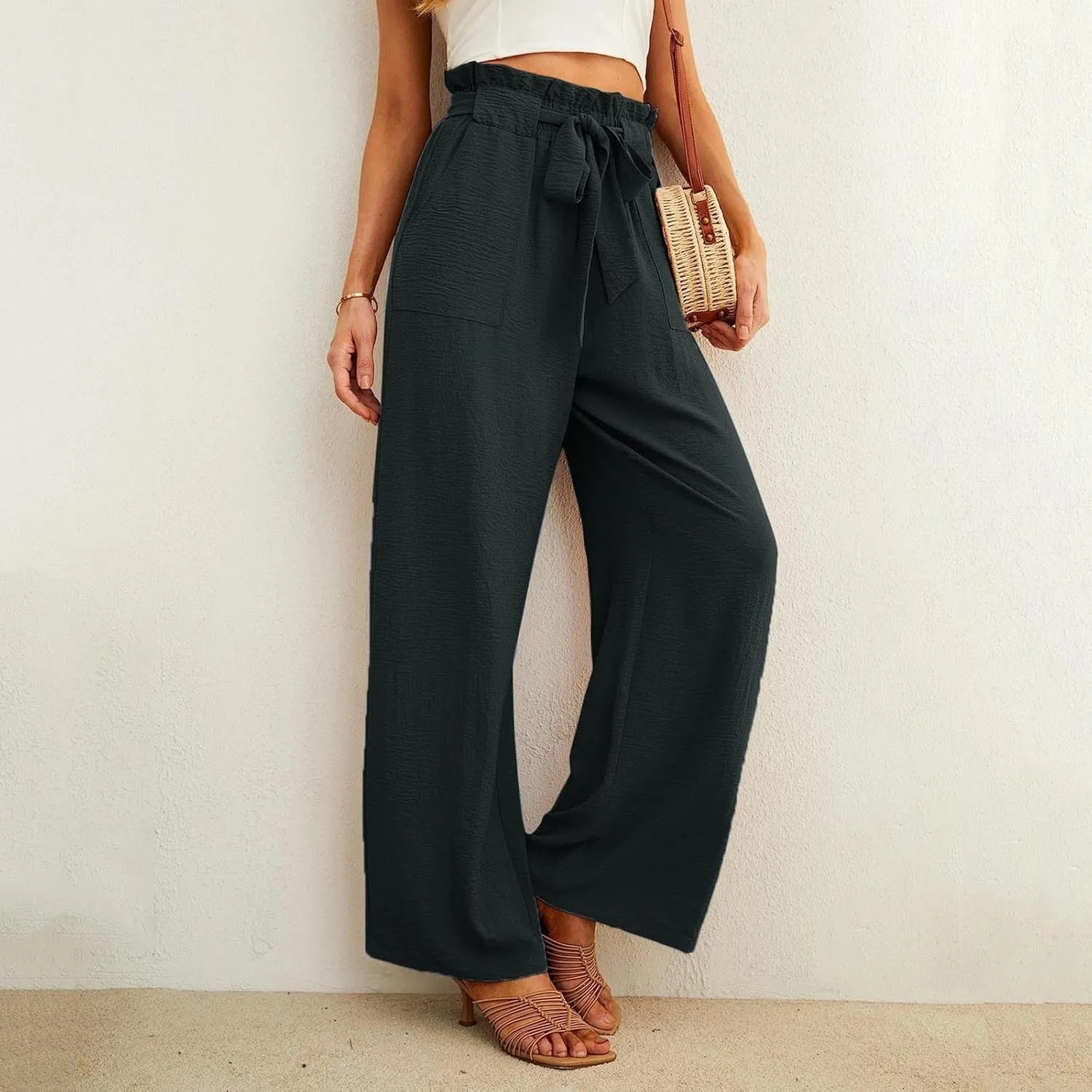 Summer Pants For Women 2024 Trendy Petite High Waist Palazzo Linen Wide Leg Sweatpant Tie Business Lounge Trouser