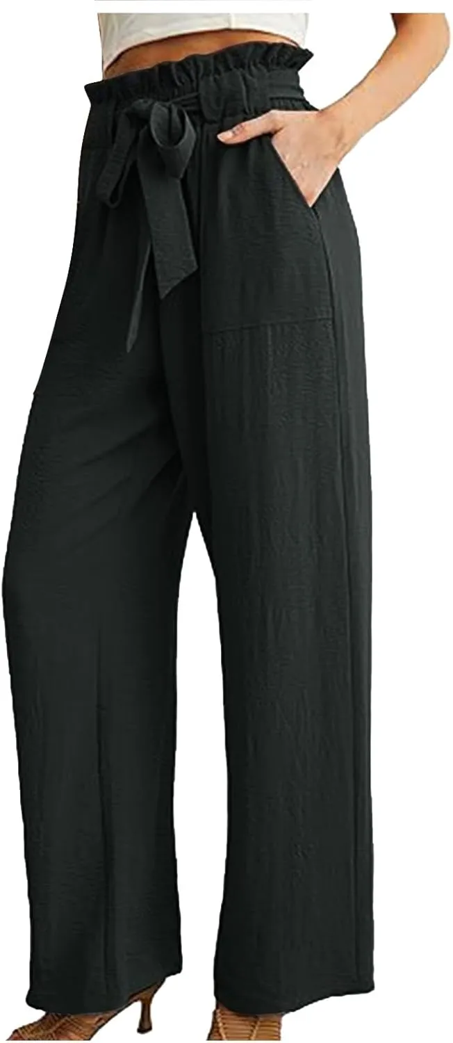 Summer Pants For Women 2024 Trendy Petite High Waist Palazzo Linen Wide Leg Sweatpant Tie Business Lounge Trouser
