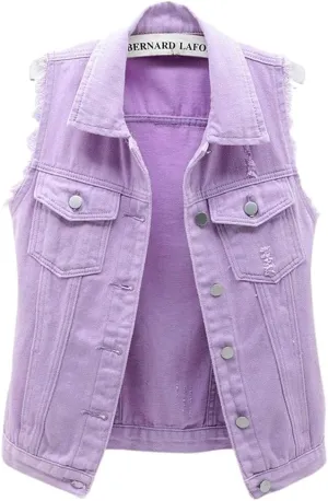 sysinside Women's Candy Color Slim Fit Distressed Denim Vest Frayed Raws Sleeveless Jacket