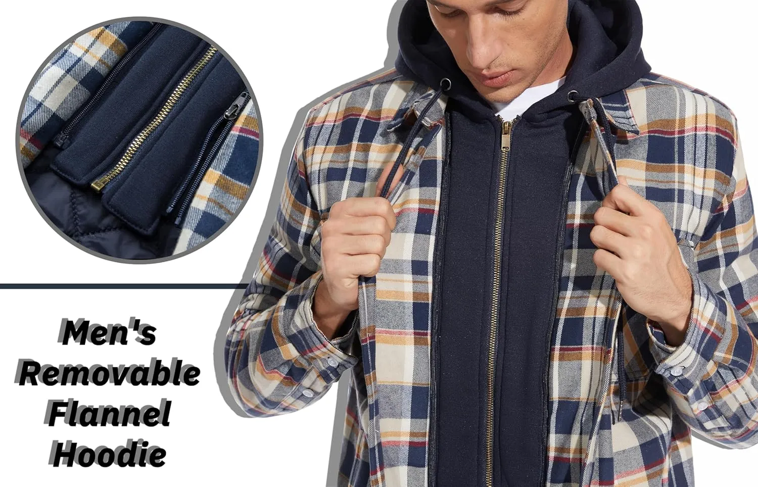 TACVASEN Men's Flannel Shirt Jacket Removable Hooded Quilted Lined Plaid Button Down Shirts Zipper Jacket