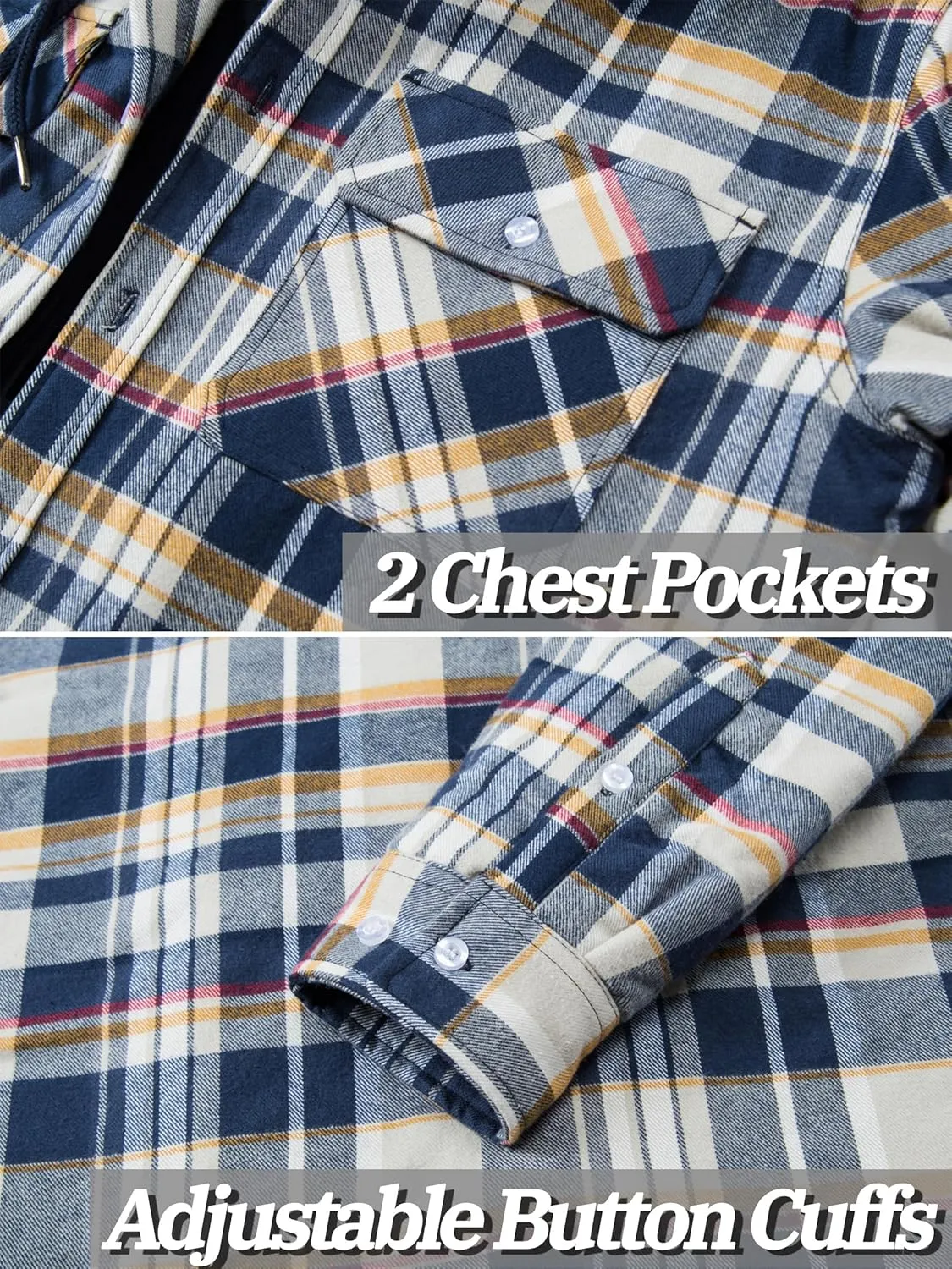 TACVASEN Men's Flannel Shirt Jacket Removable Hooded Quilted Lined Plaid Button Down Shirts Zipper Jacket