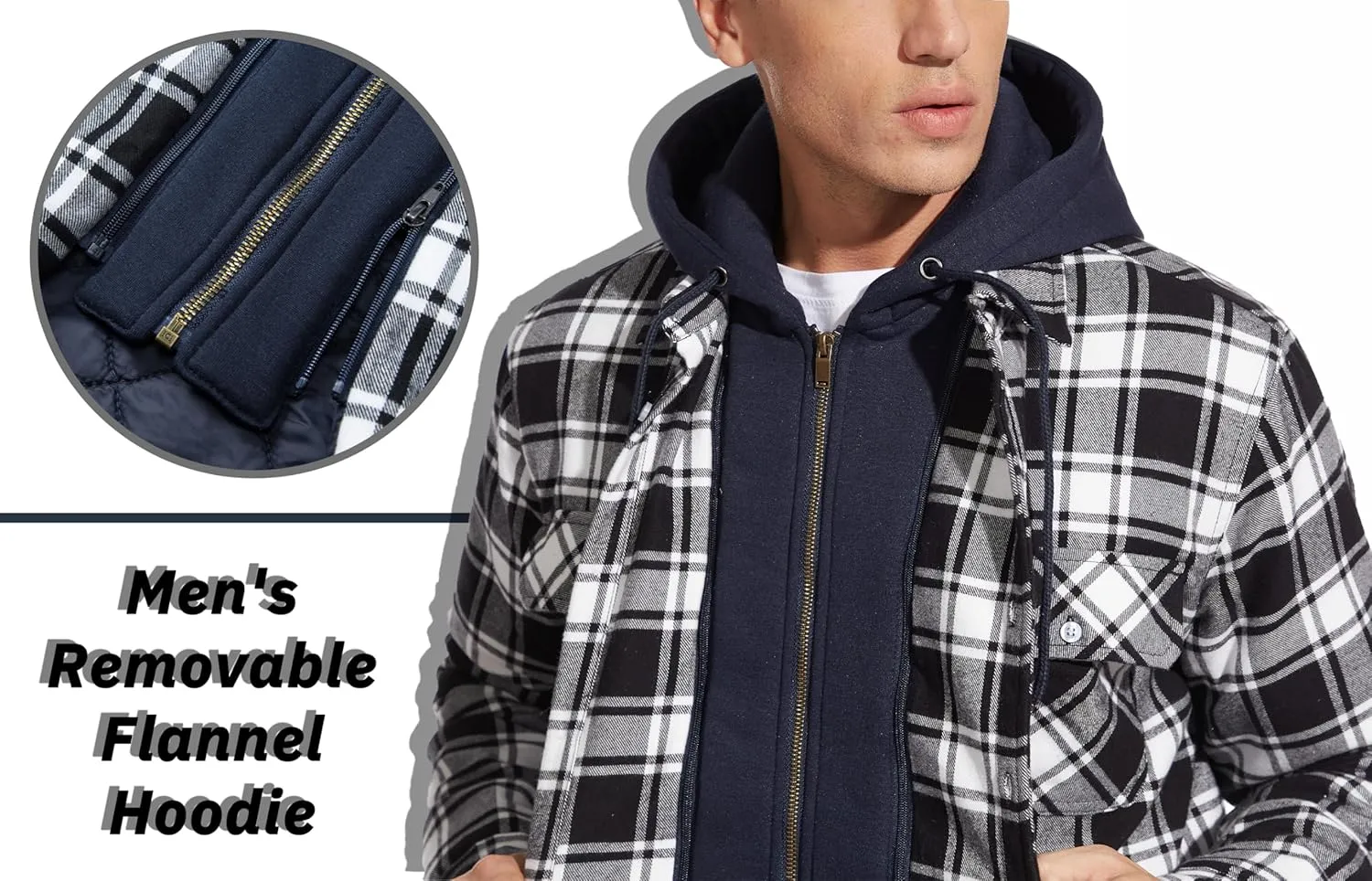 TACVASEN Men's Flannel Shirt Jacket Removable Hooded Quilted Lined Plaid Button Down Shirts Zipper Jacket