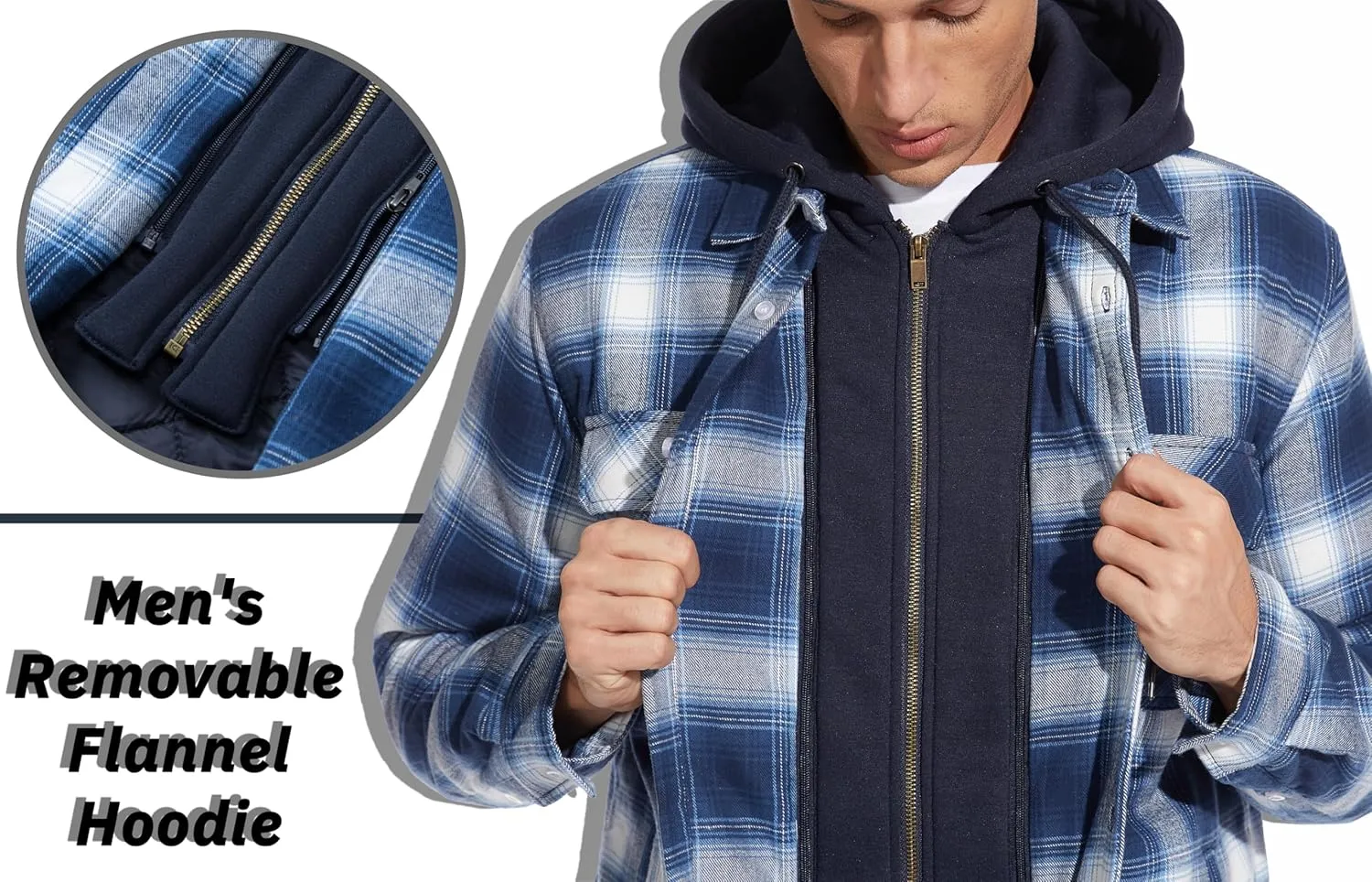 TACVASEN Men's Flannel Shirt Jacket Removable Hooded Quilted Lined Plaid Button Down Shirts Zipper Jacket