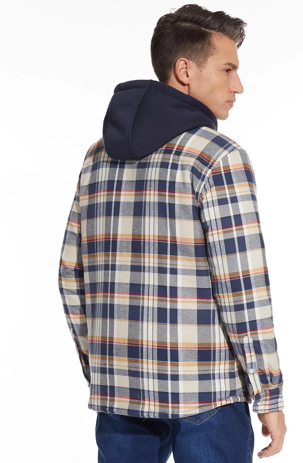 TACVASEN Men's Flannel Shirt Jacket Removable Hooded Quilted Lined Plaid Button Down Shirts Zipper Jacket