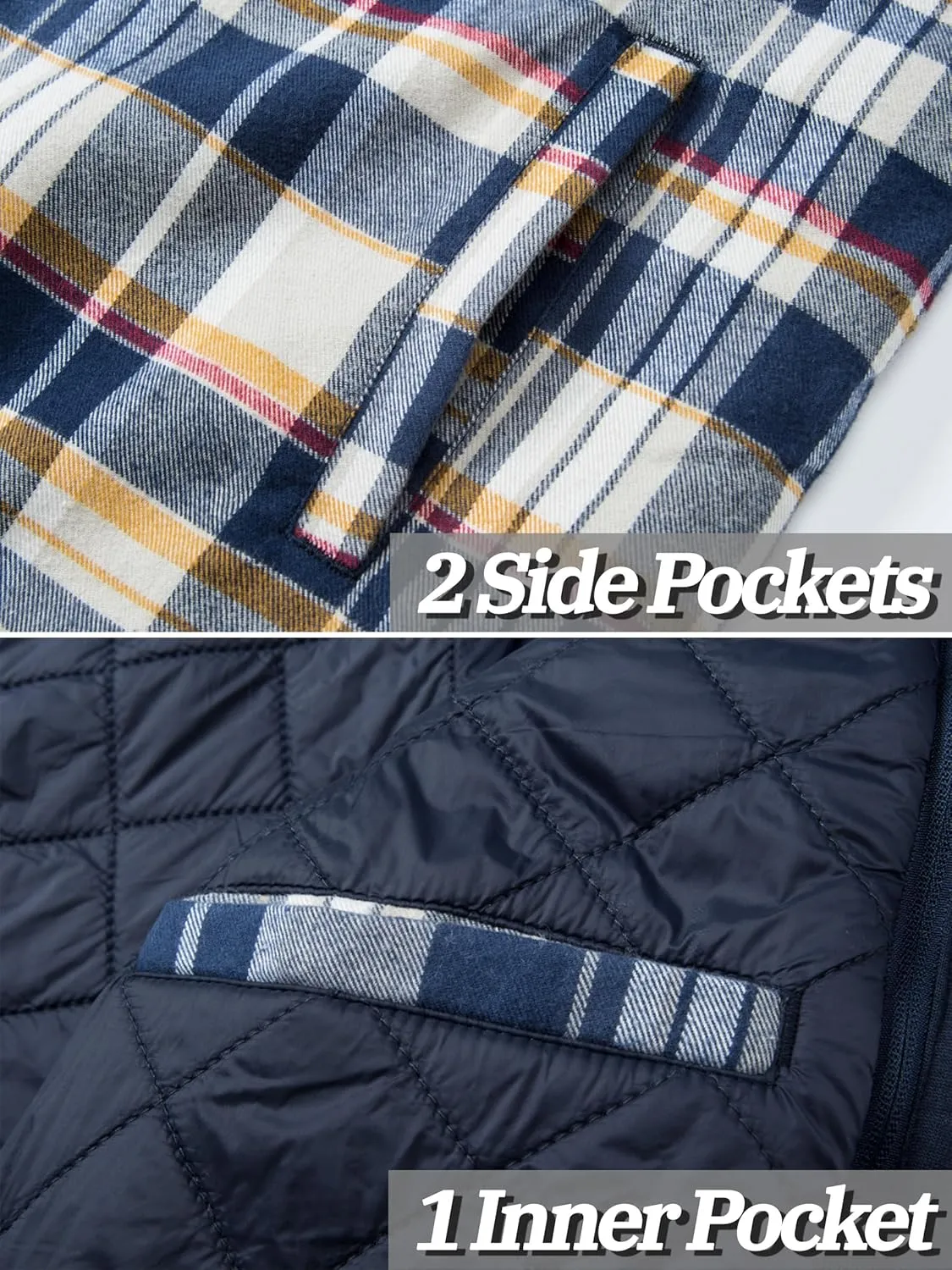 TACVASEN Men's Flannel Shirt Jacket Removable Hooded Quilted Lined Plaid Button Down Shirts Zipper Jacket