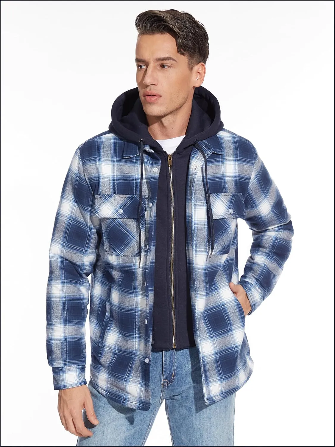 TACVASEN Men's Flannel Shirt Jacket Removable Hooded Quilted Lined Plaid Button Down Shirts Zipper Jacket