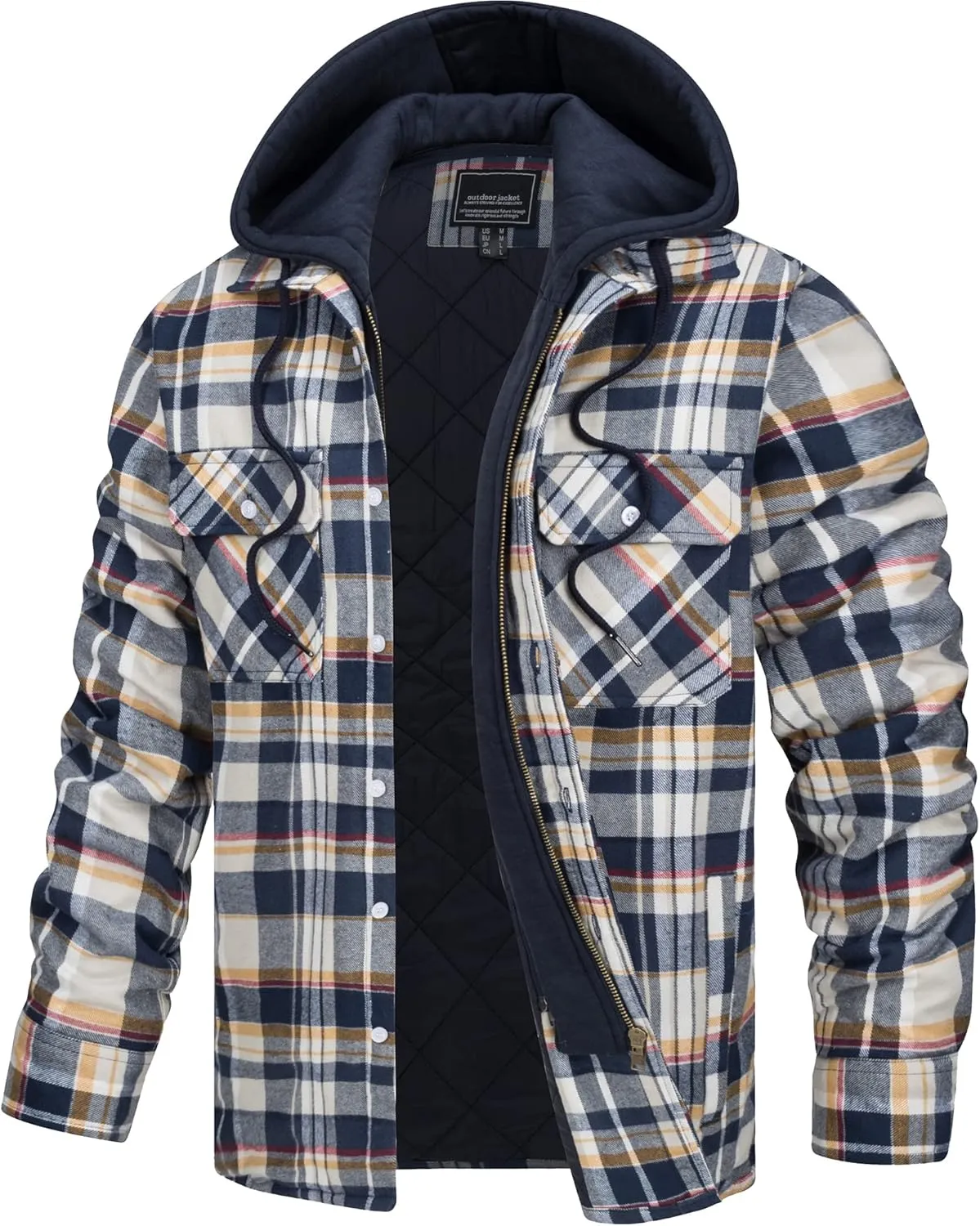 TACVASEN Men's Flannel Shirt Jacket Removable Hooded Quilted Lined Plaid Button Down Shirts Zipper Jacket