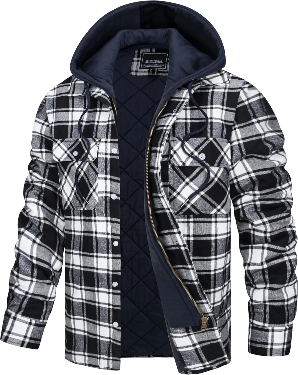TACVASEN Men's Flannel Shirt Jacket Removable Hooded Quilted Lined Plaid Button Down Shirts Zipper Jacket
