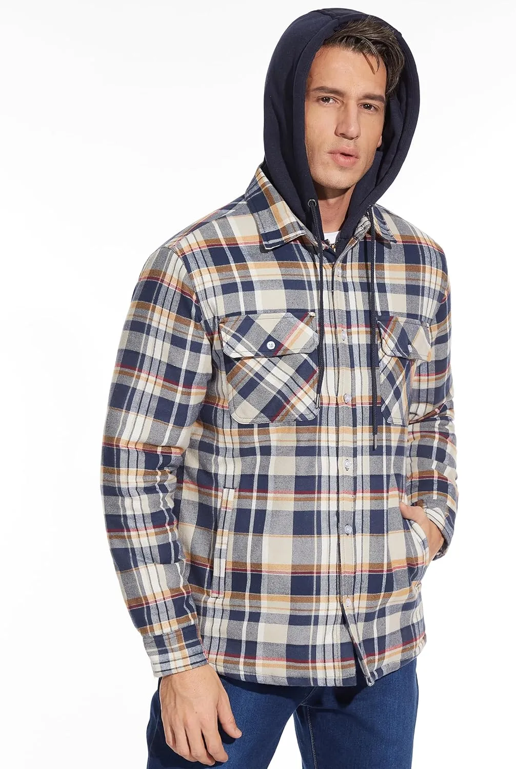 TACVASEN Men's Flannel Shirt Jacket Removable Hooded Quilted Lined Plaid Button Down Shirts Zipper Jacket