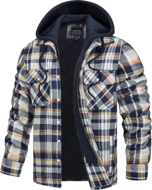 TACVASEN Men's Flannel Shirt Jacket Removable Hooded Quilted Lined Plaid Button Down Shirts Zipper Jacket