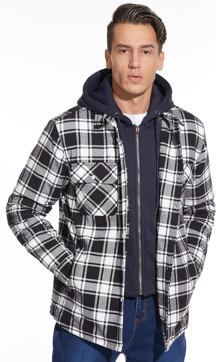 TACVASEN Men's Flannel Shirt Jacket Removable Hooded Quilted Lined Plaid Button Down Shirts Zipper Jacket
