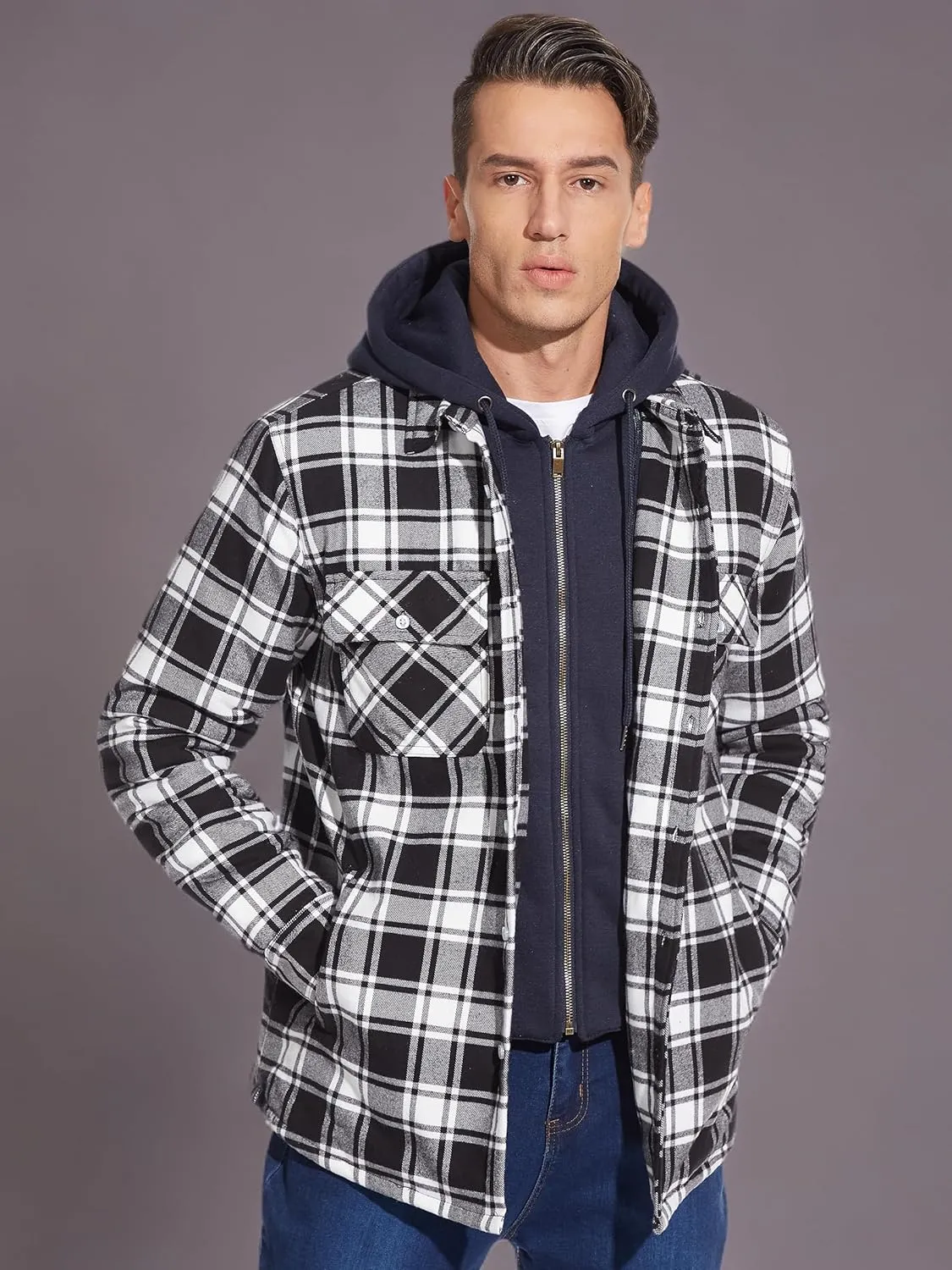 TACVASEN Men's Flannel Shirt Jacket Removable Hooded Quilted Lined Plaid Button Down Shirts Zipper Jacket