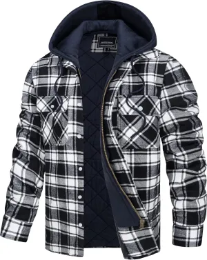 TACVASEN Men's Flannel Shirt Jacket Removable Hooded Quilted Lined Plaid Button Down Shirts Zipper Jacket