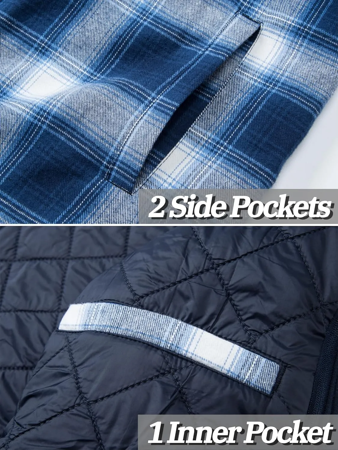 TACVASEN Men's Flannel Shirt Jacket Removable Hooded Quilted Lined Plaid Button Down Shirts Zipper Jacket