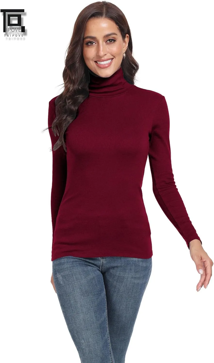 TAIPOVE Ribbed Knit Turtlenecks Shirts Women Cotton Turtle Neck Tops Long Sleeve Thermal Undershirt Slim Basic Pullover 2PKS