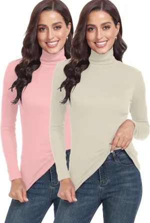 TAIPOVE Ribbed Knit Turtlenecks Shirts Women Cotton Turtle Neck Tops Long Sleeve Thermal Undershirt Slim Basic Pullover 2PKS