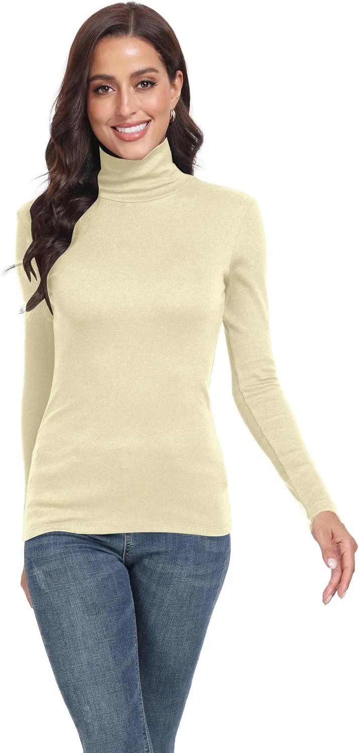 TAIPOVE Ribbed Knit Turtlenecks Shirts Women Cotton Turtle Neck Tops Long Sleeve Thermal Undershirt Slim Basic Pullover 2PKS