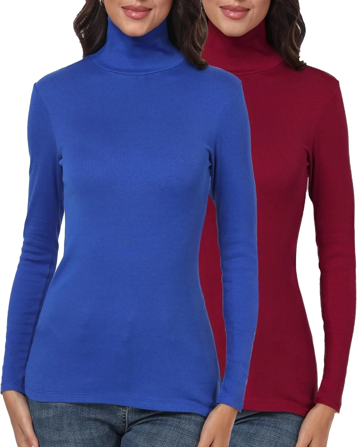 TAIPOVE Ribbed Knit Turtlenecks Shirts Women Cotton Turtle Neck Tops Long Sleeve Thermal Undershirt Slim Basic Pullover 2PKS