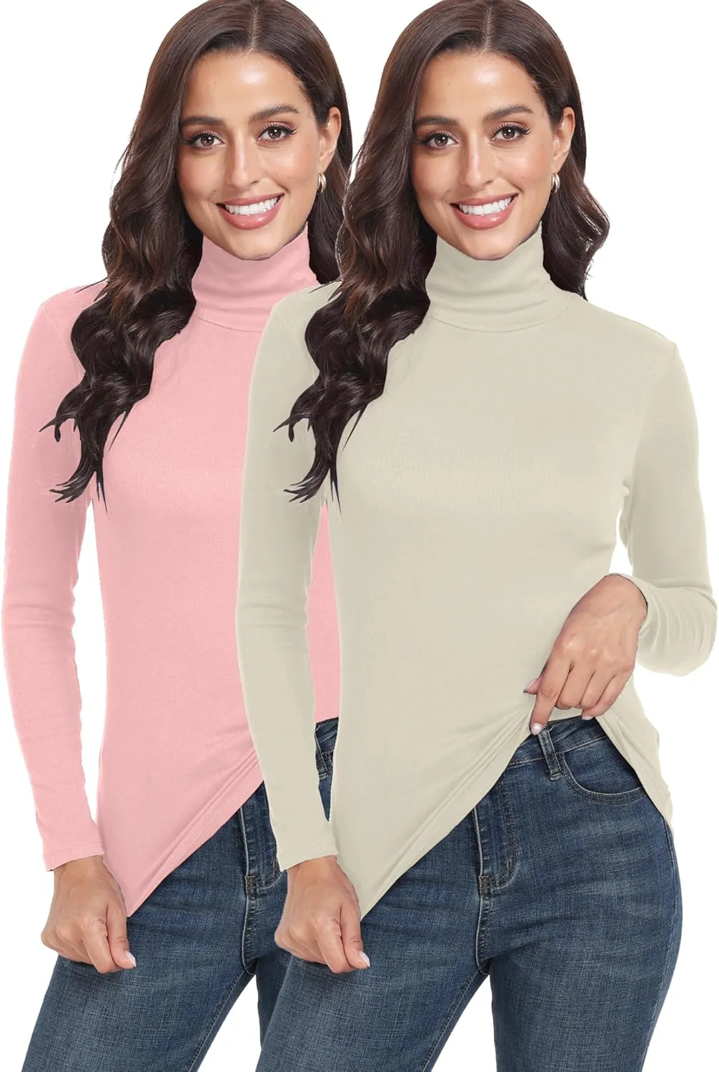 TAIPOVE Ribbed Knit Turtlenecks Shirts Women Cotton Turtle Neck Tops Long Sleeve Thermal Undershirt Slim Basic Pullover 2PKS