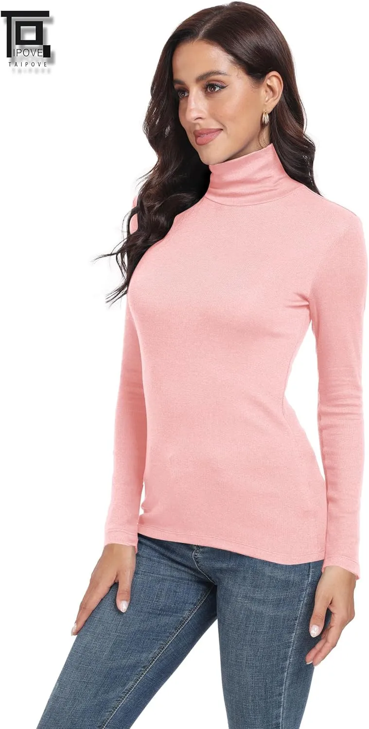 TAIPOVE Ribbed Knit Turtlenecks Shirts Women Cotton Turtle Neck Tops Long Sleeve Thermal Undershirt Slim Basic Pullover 2PKS