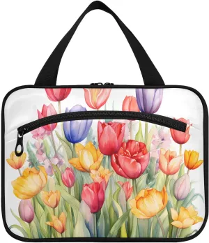 Toiletry Bag Red and Yellow Tulips Hanging Makeup Organizer Water Resistant Cosmetic Bag