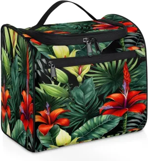 Tropical Leaf Flowers Hanging Toiletry Bags Travel Makeup Bag Water-resistant Makeup Cosmetic Bag Travel Organizer