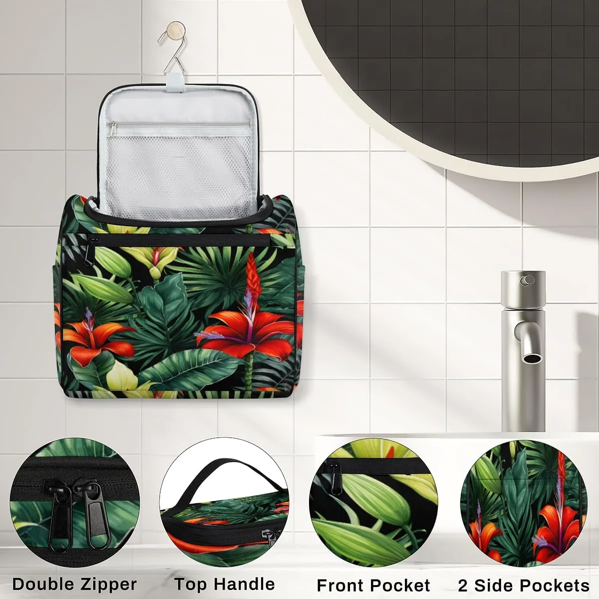 Tropical Leaf Flowers Hanging Toiletry Bags Travel Makeup Bag Water-resistant Makeup Cosmetic Bag Travel Organizer