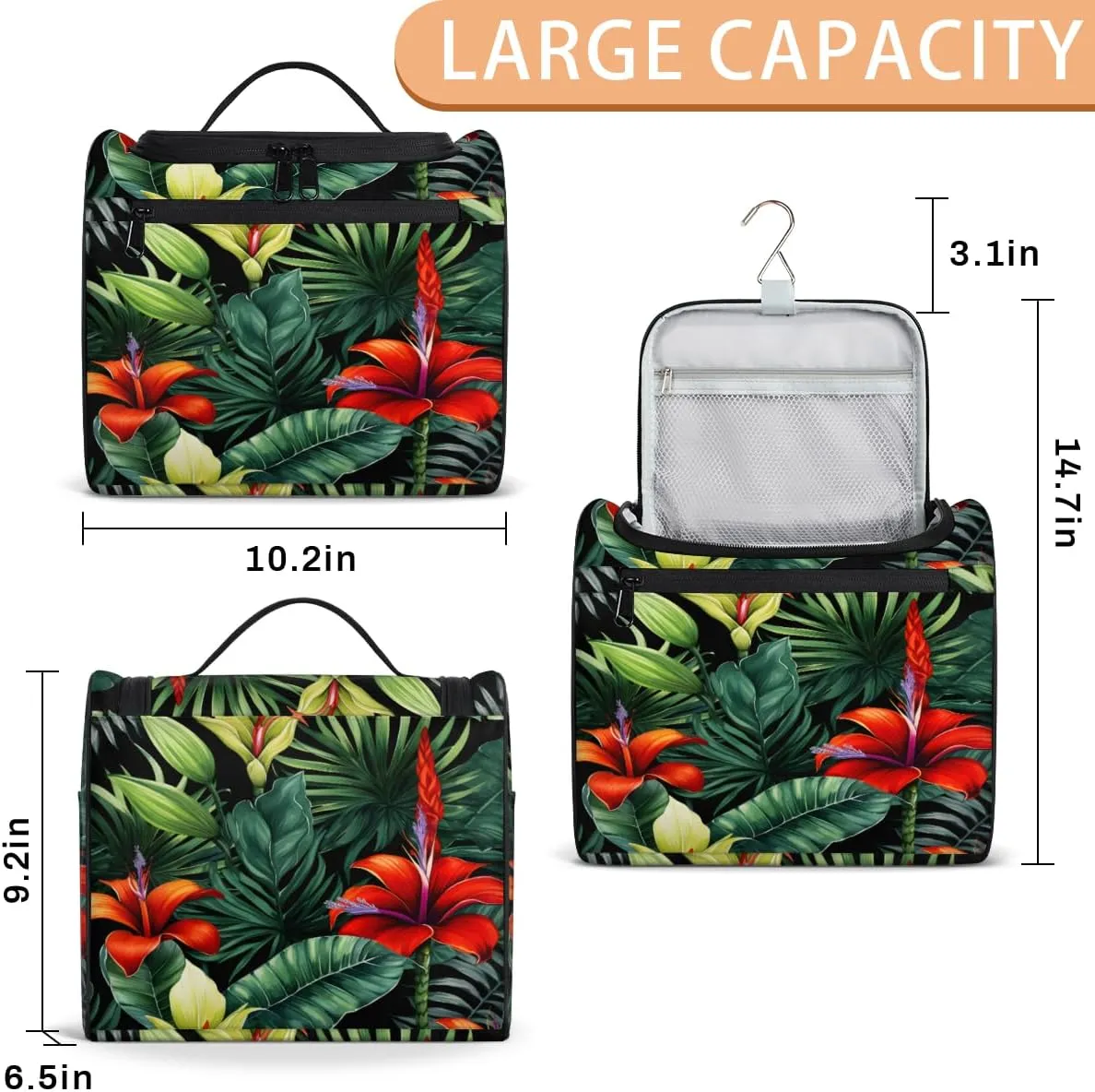Tropical Leaf Flowers Hanging Toiletry Bags Travel Makeup Bag Water-resistant Makeup Cosmetic Bag Travel Organizer